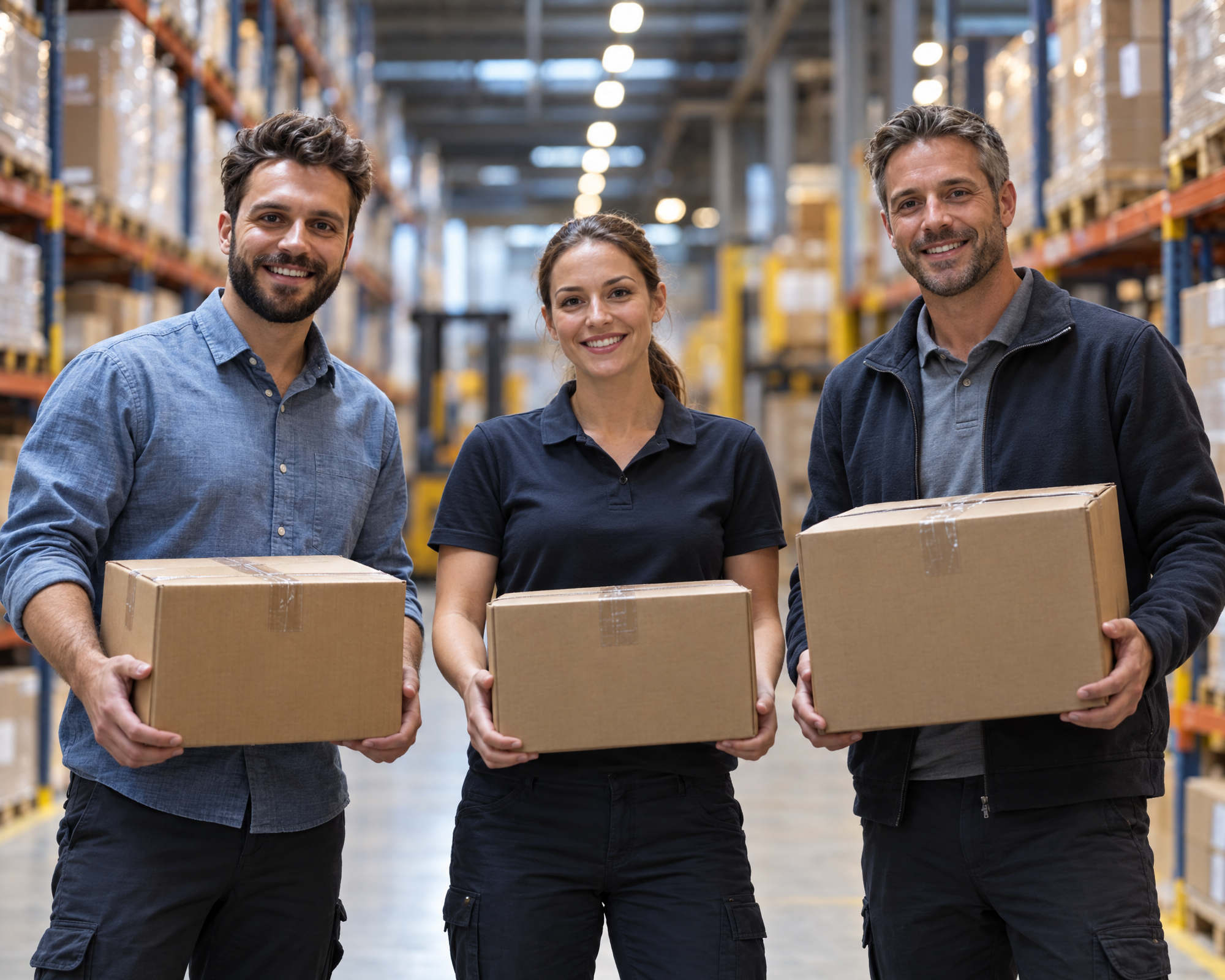 Drei Mitarbeitende der Sulser Logistics Solutions AG mit Paketen im Lager