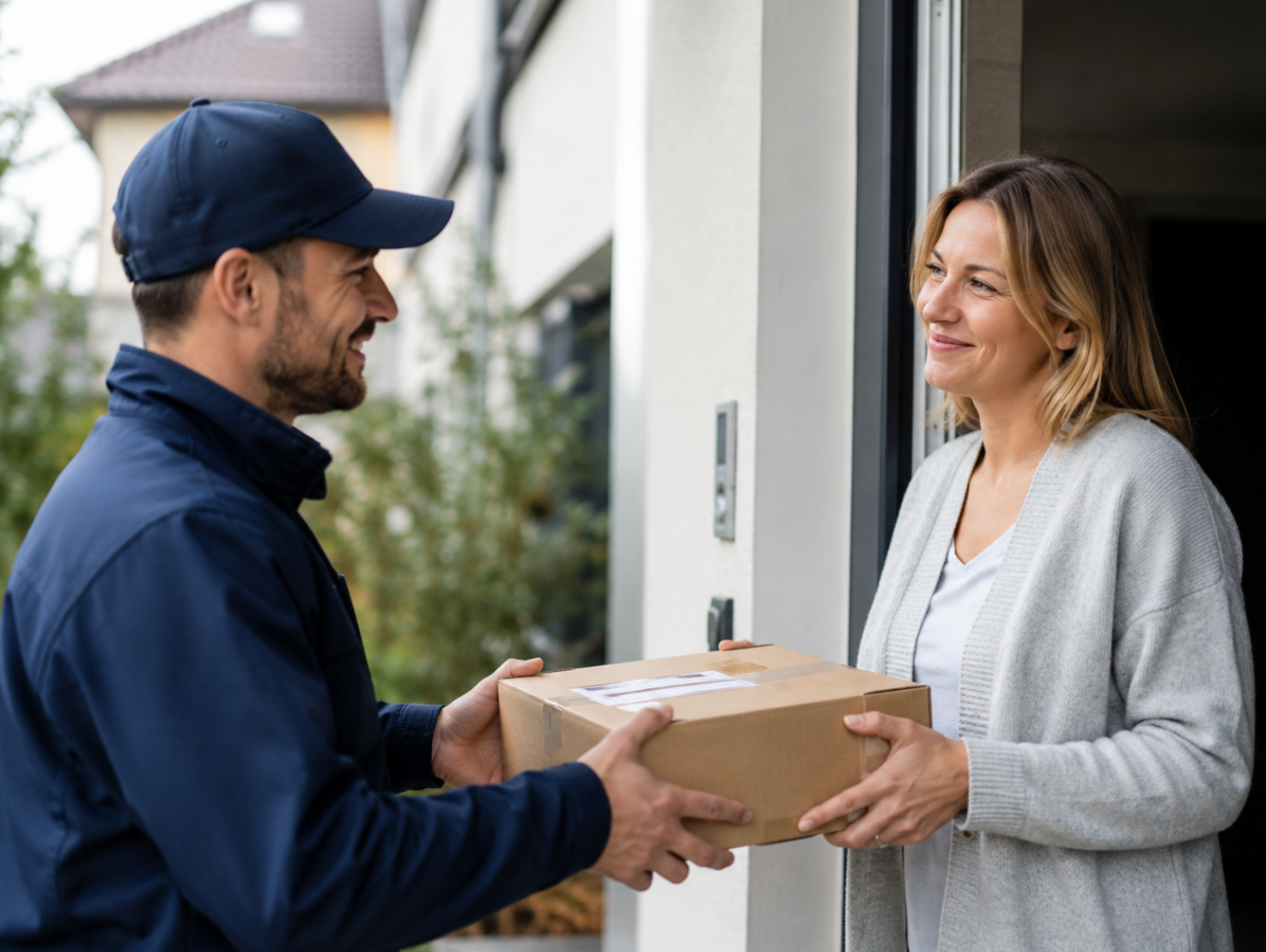 Paketzusteller übergibt einer Kundin ein Paket an der Haustür